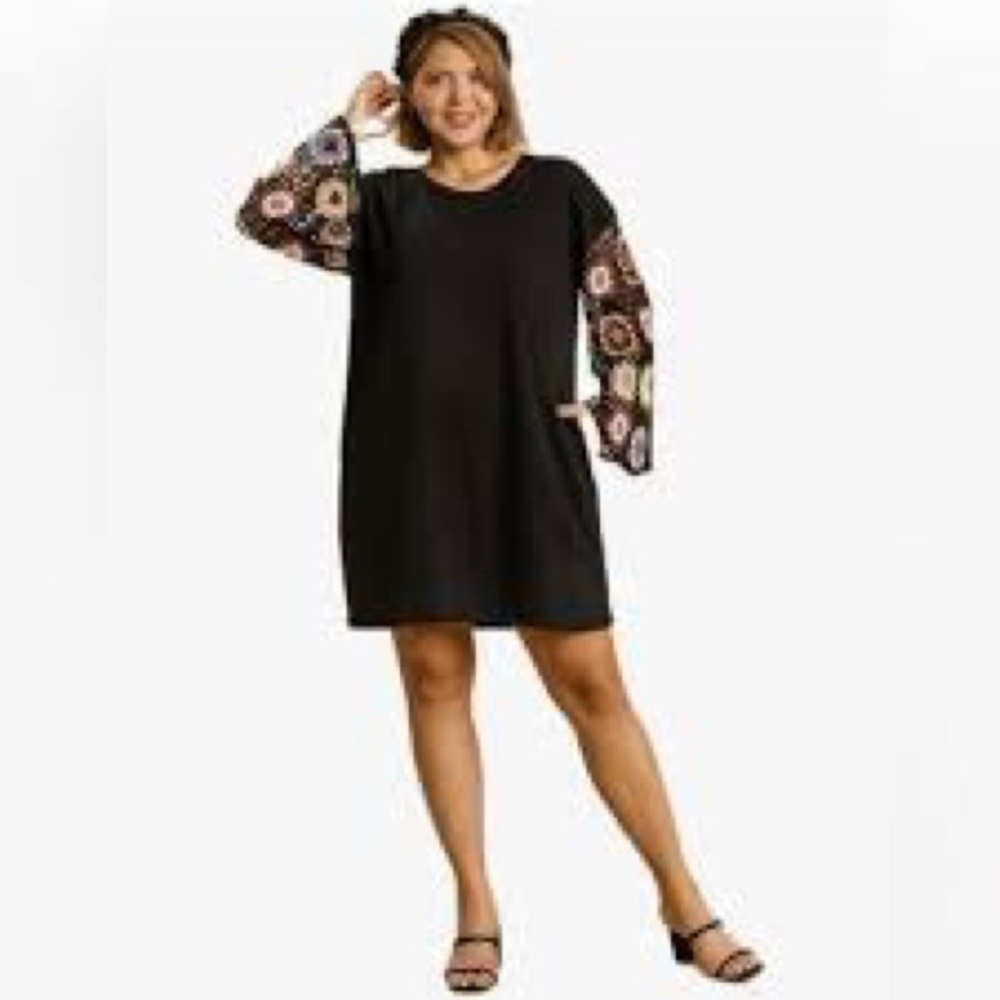 Umgee Black Midi Dress with Floral Bell Sleeves